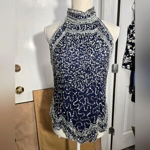 Laurence Kazar Navy and Silver Beaded Halter Top